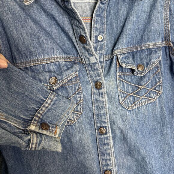 Vintage Denim Chore Jacket Shacket Women LARGE Blue Jean Barn Workwear Destroyed - Picture 5 of 11